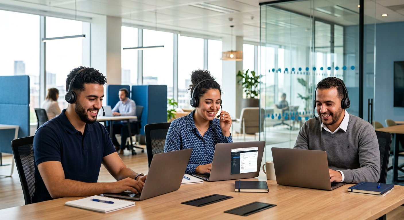 Équipe support Ge4Tech Maroc configurant un standard téléphonique IP pour une entreprise